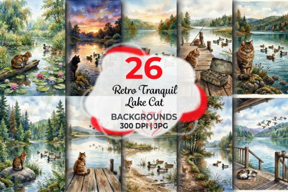 Retro Tranquil Lake Cat Backgrounds: A Nostalgic Escape